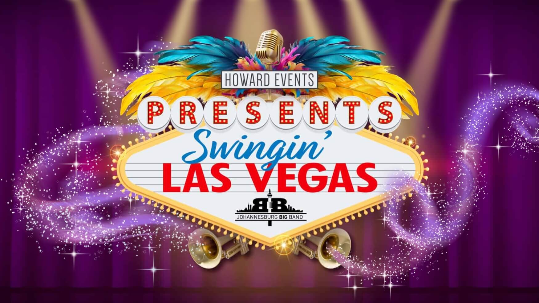 Swingin' Las Vegas Show Logo with Lights, Feathers, and Trumpets